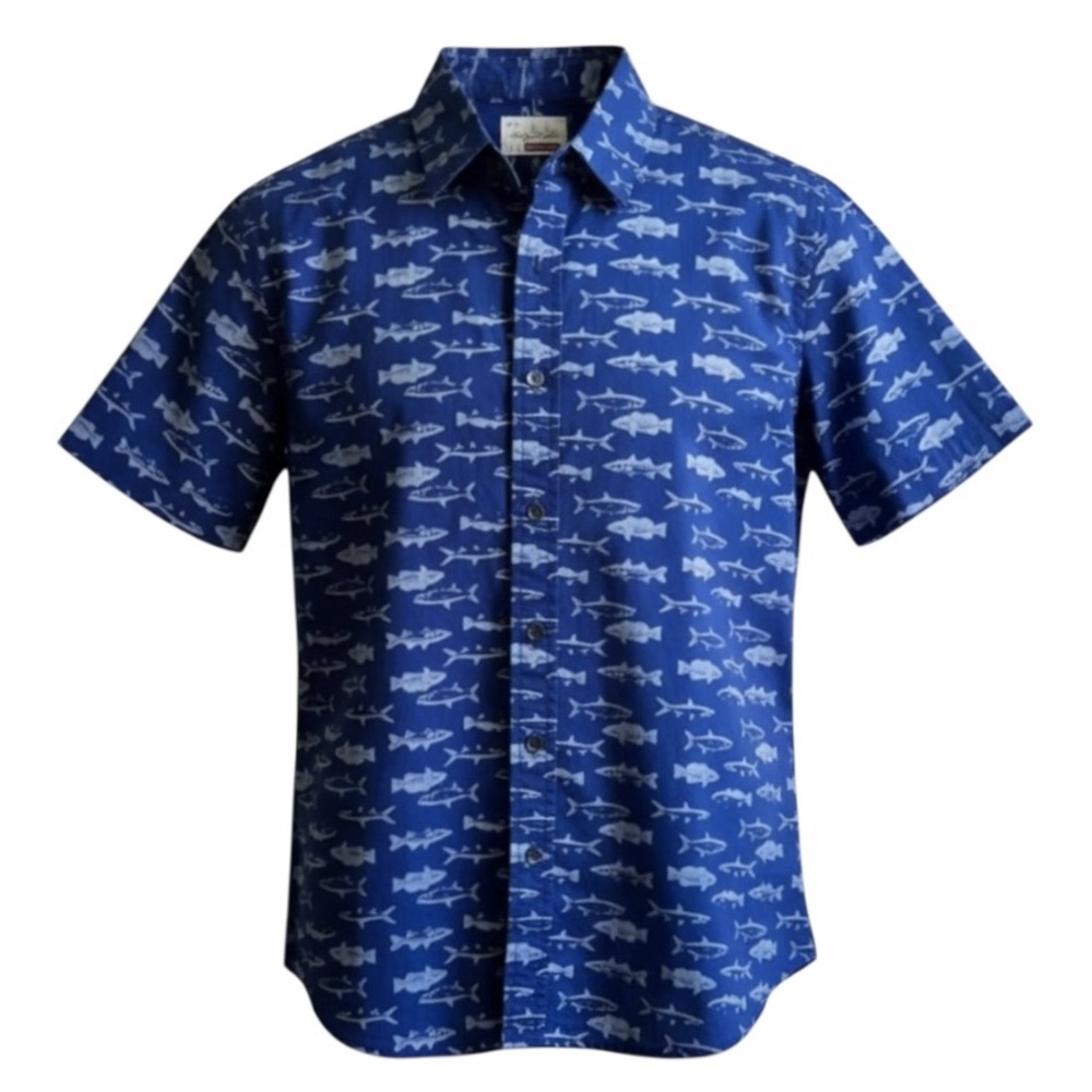 Sovereign Code Navy Blue Shark Print Button Down Short Sleeve Shirt Size Large